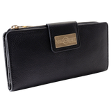 Black pebbled leather travel wallet for women with card slots