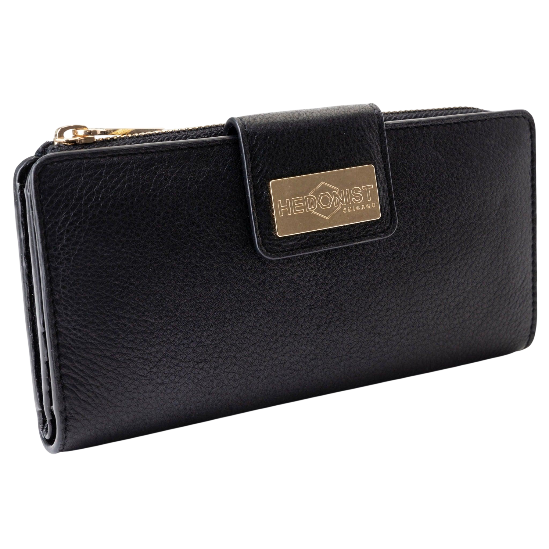 Black pebbled leather travel wallet for women with card slots
