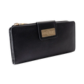 Black pebbled leather travel wallet for women closed, front view with card slot edge visible