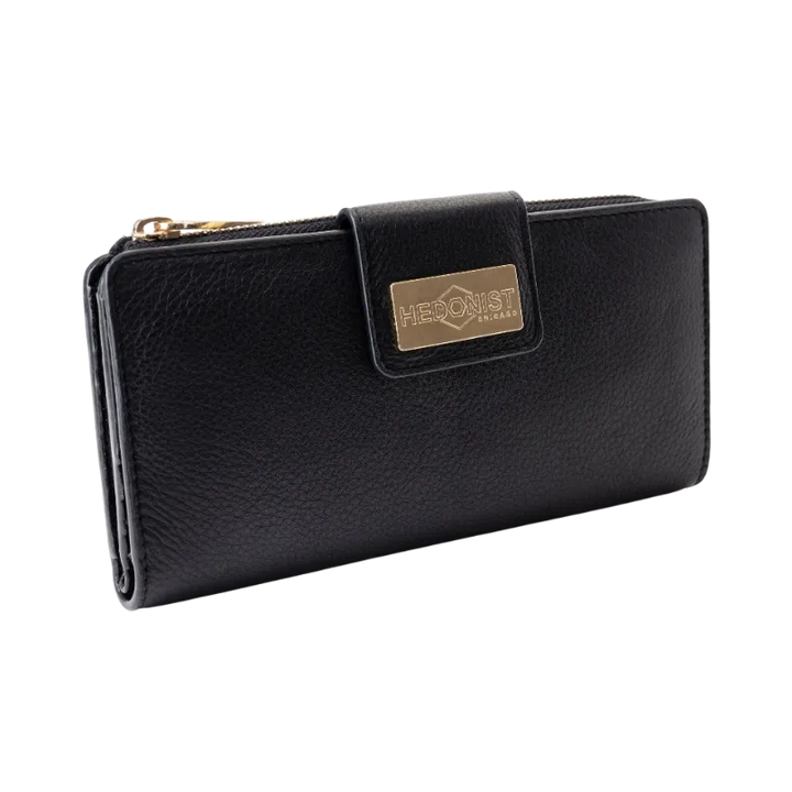 Black pebbled leather travel wallet for women closed, front view with card slot edge visible