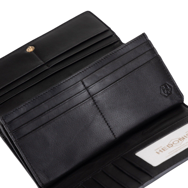 Women's Long Black Leather Wallet with Pebbled Finish by Hedonist Chicago Card Slots