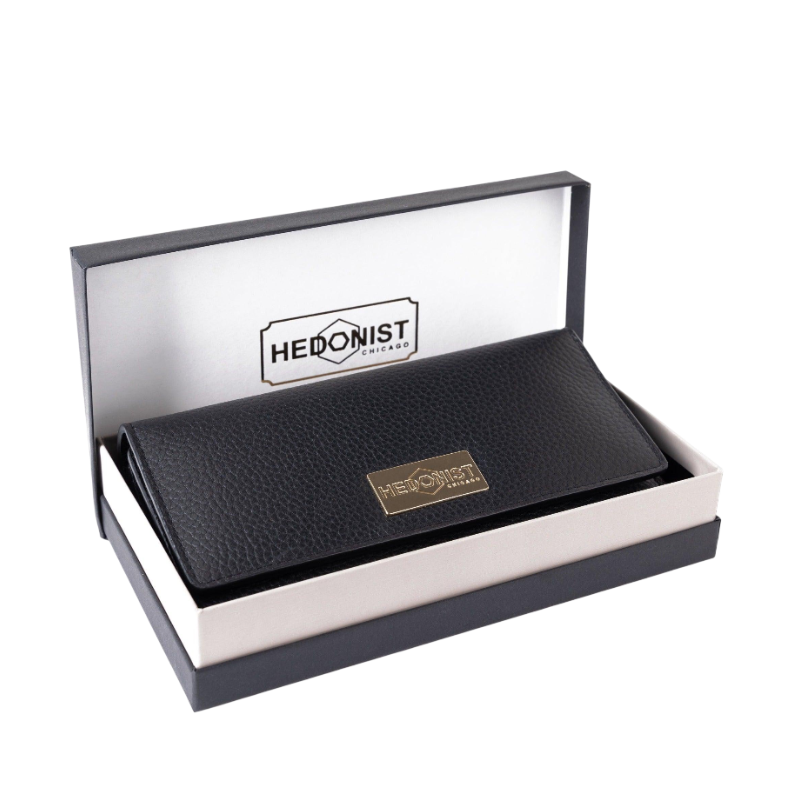 Women's Long Black Leather Wallet with Pebbled Finish by Hedonist Chicago Gift