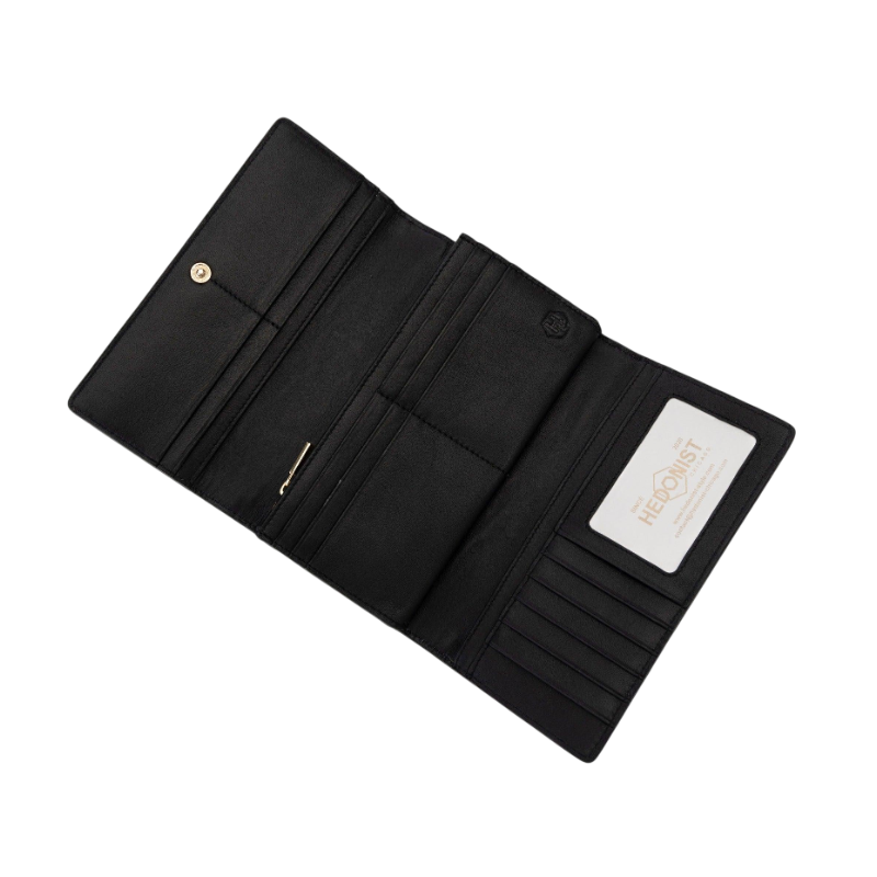 Women's Long Black Leather Wallet with Pebbled Finish by Hedonist Chicago ID Window
