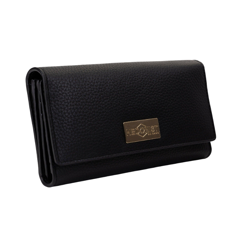Women's Long Black Leather Wallet with Pebbled Finish by Hedonist Chicago Main View