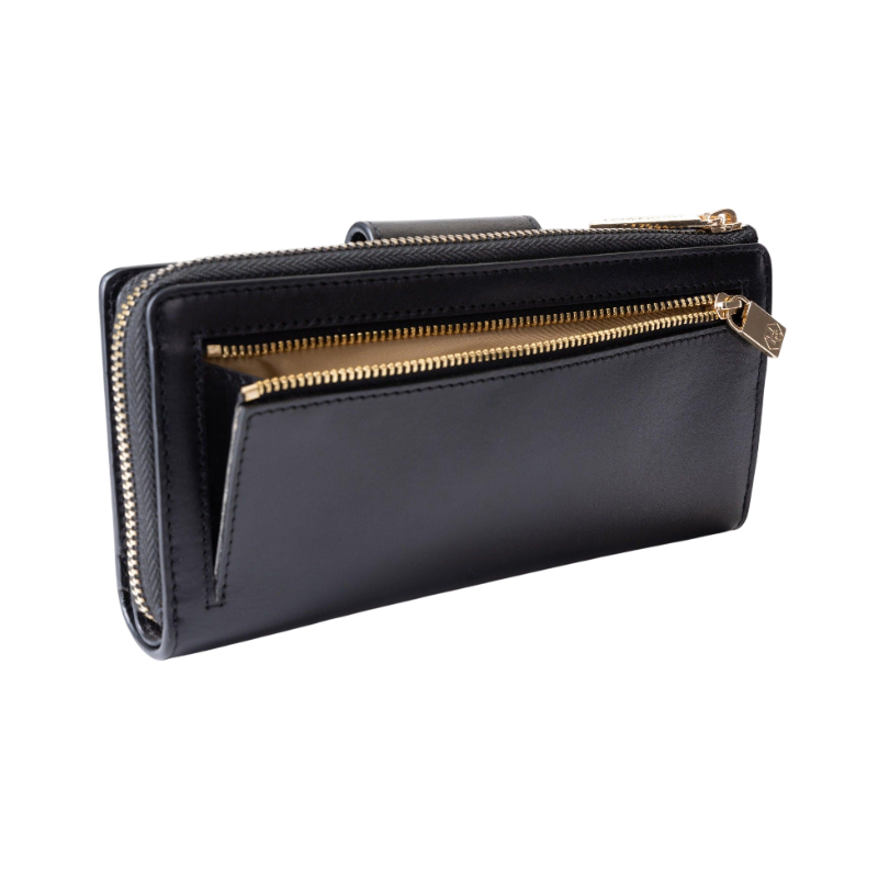 Traveler Black Long Travel Leather Wallet for Women coin zippered compartment