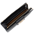 Elegant black pebbled leather wallet for women with card slots, passport space, and ID window.