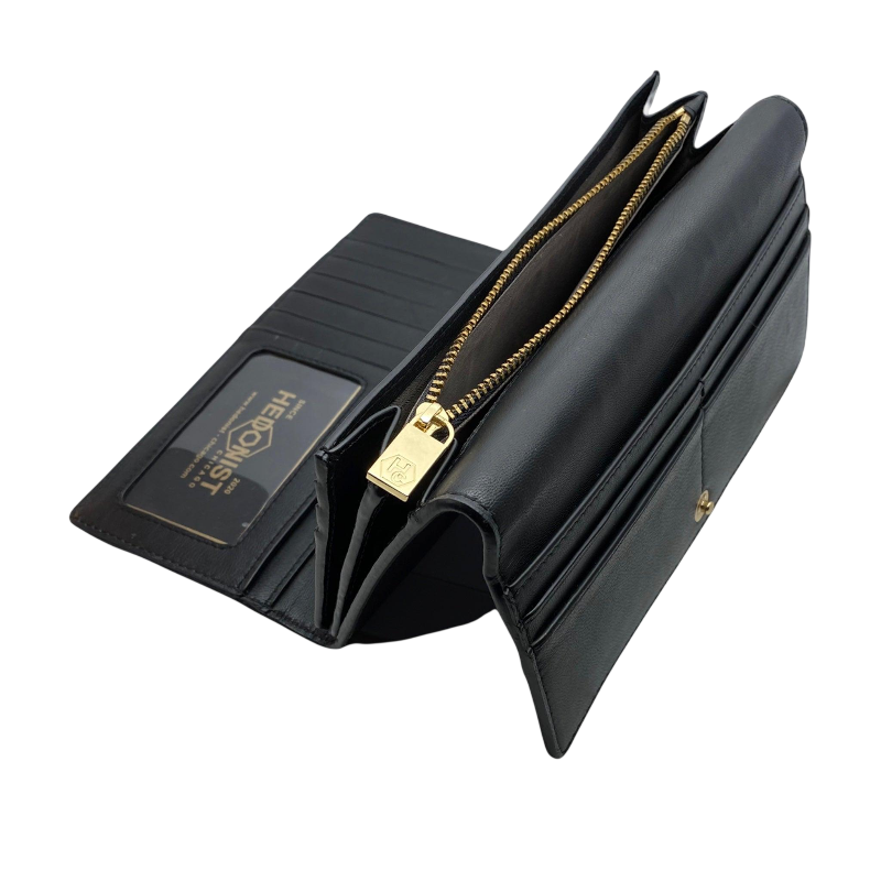 Women's Long Black Leather Wallet with Pebbled Finish by Hedonist Chicago Coin Pocket