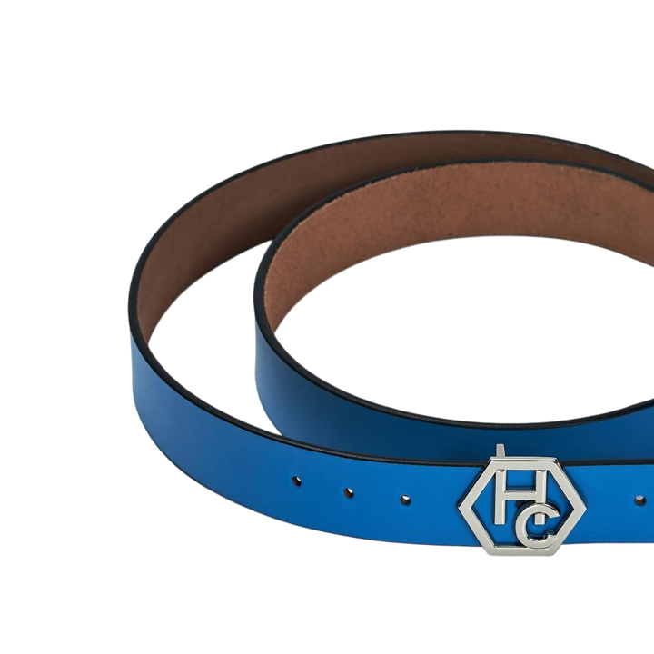 Buckle close-up on women's seamless edge leather belt - sky blue - Hedonist Chicago - close-up view (1.3")