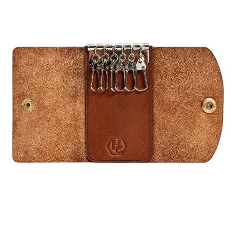 Hedonist Chicago brick key holder in brick, slim profile, full grain leather, detail view