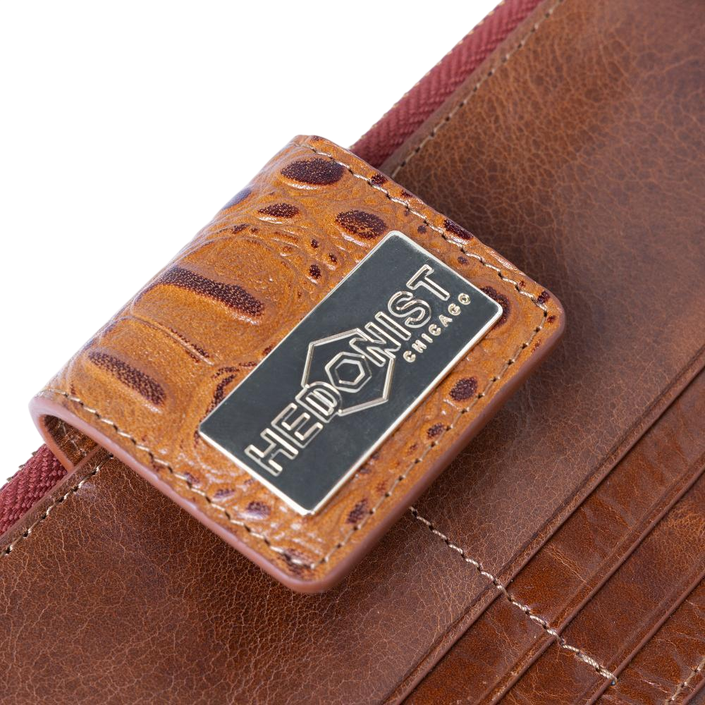 Hedonist Chicago brick passport case in brick, travel cover, full grain leather, flat lay view