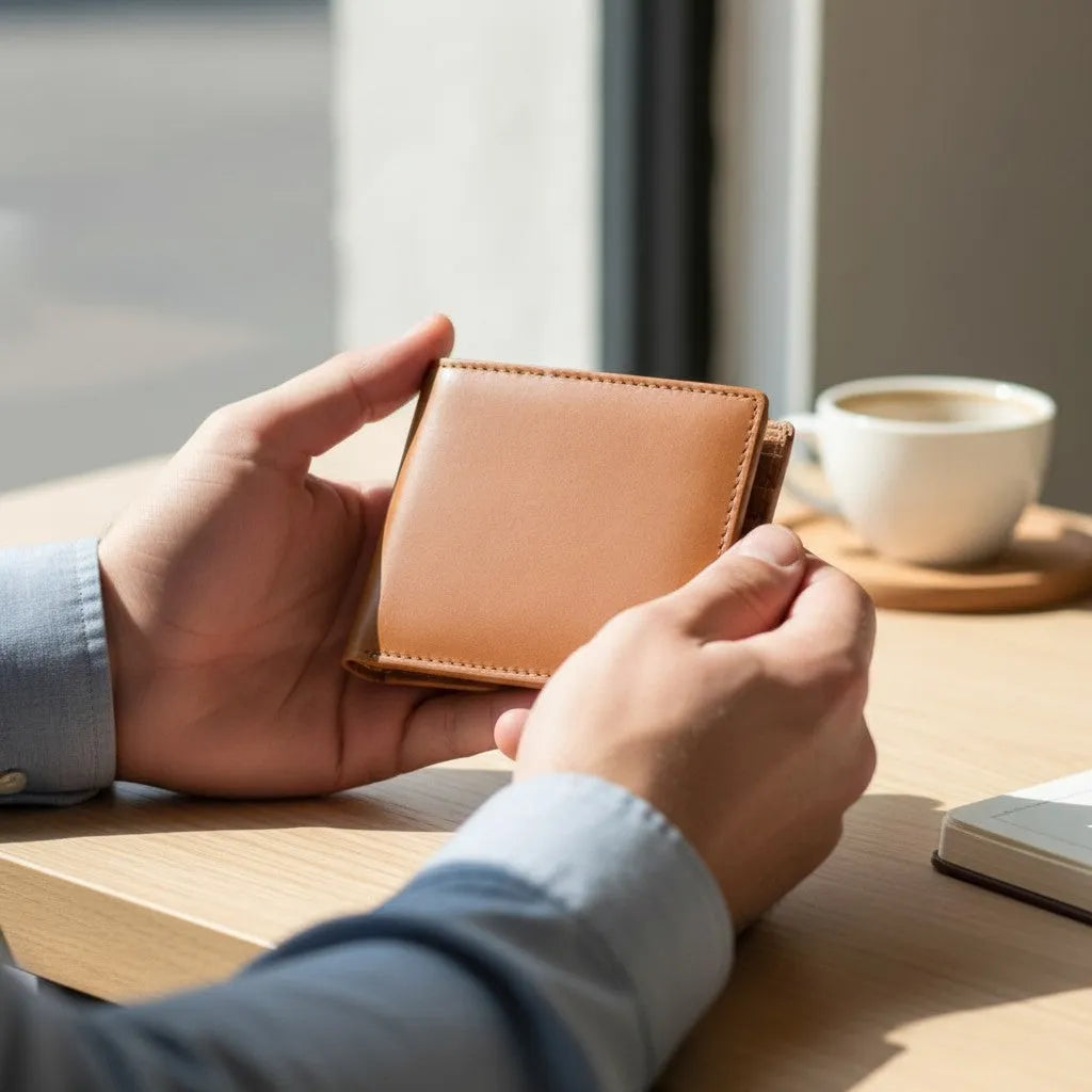 Person holding a brown leather wallet with a cup of coffee in the background
