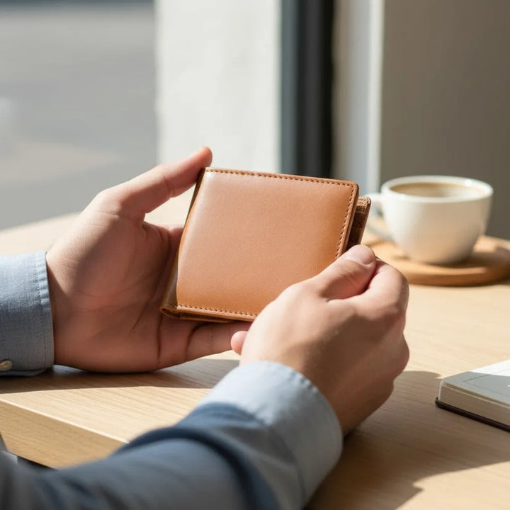 Person holding a brown leather wallet with a cup of coffee in the background