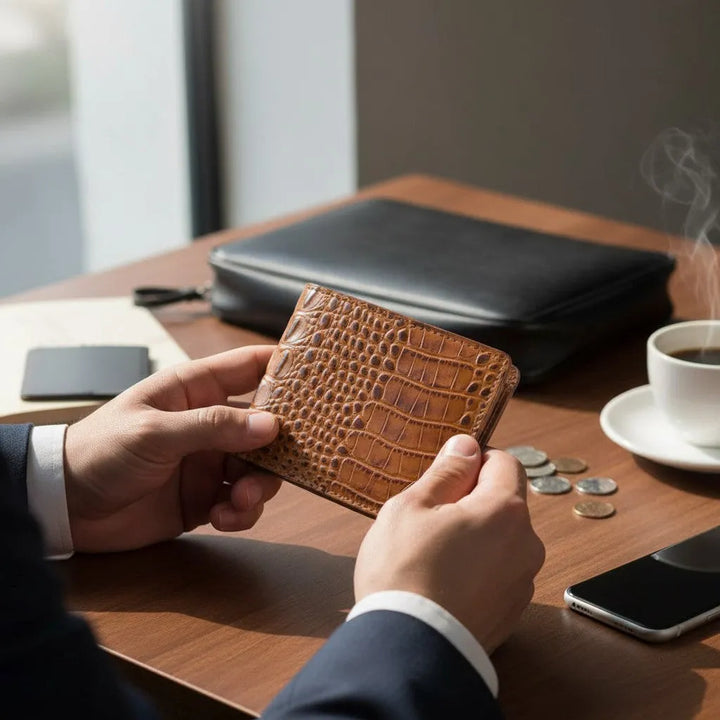 Guy holding a brown leather minimalist men's wallet, next to a cup of coffee and phone.