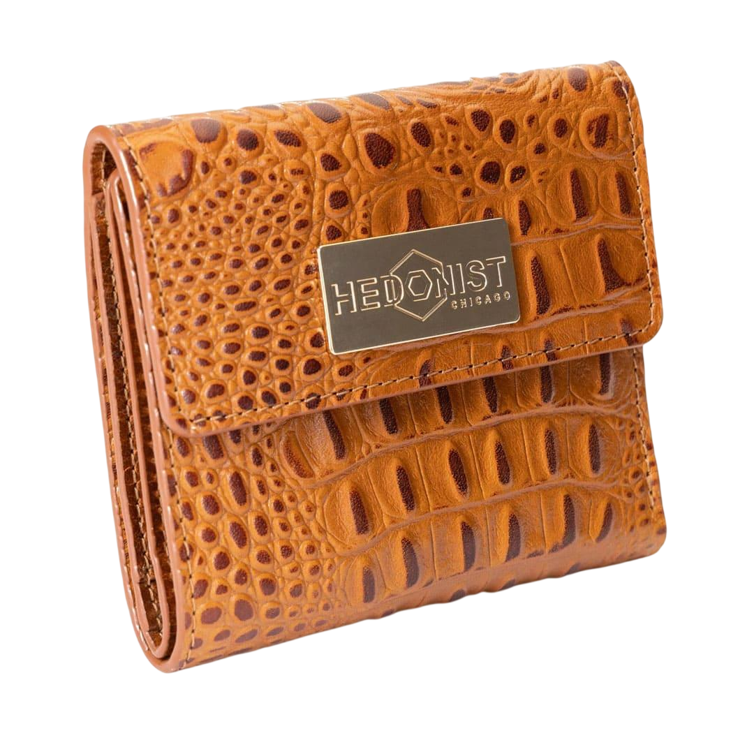 Mini Brown Leather Wallet for Women Croc Embossed By Hedonist Chicago