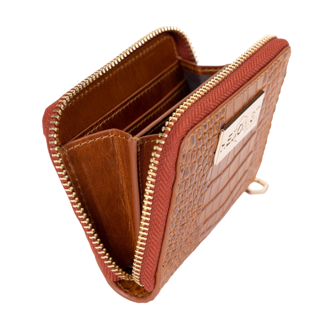 Mini Zip Wallet in Brown Croc-Embossed Leather for Women by Hedonist Chicago - Card Holder for Women