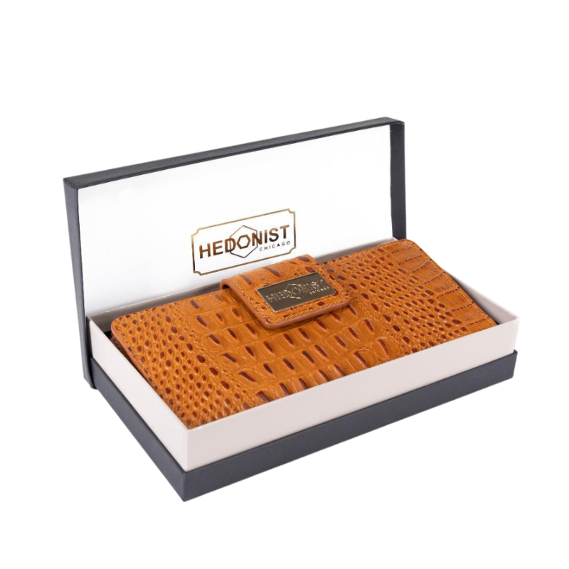 Croc Embossed Brown Leather Wallet for Women | Hedonist Chicago | gift box