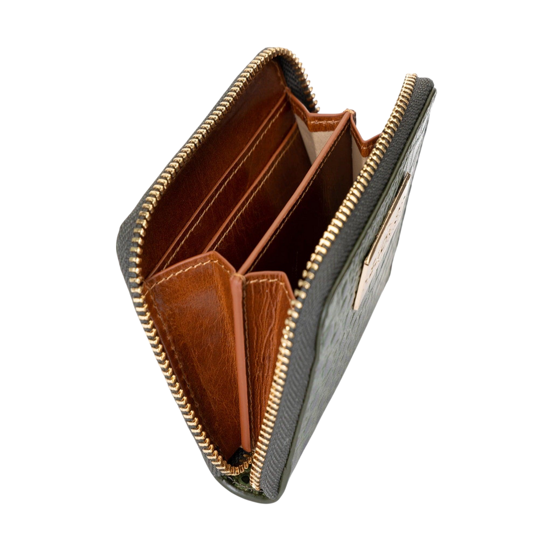 Green Women's Mini Zip Wallet in Croc-Embossed Leather from Hedonist Chicago-Brown Leather Interior