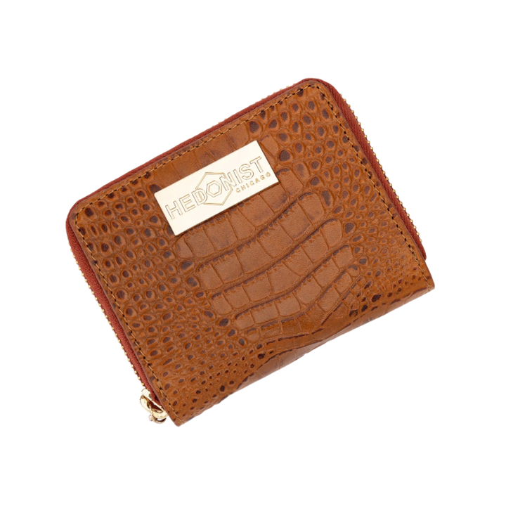 Mini Zip Wallet in Brown Croc-Embossed Leather for Women by Hedonist Chicago