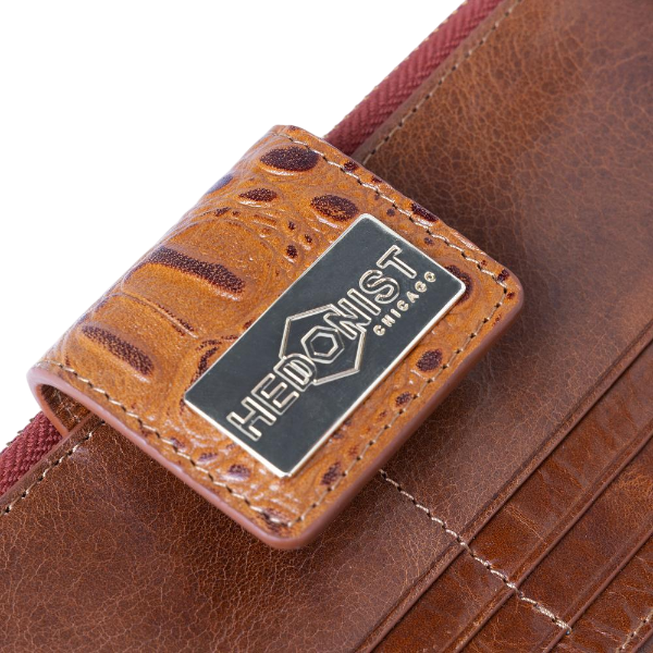 Hedonist Chicago brown women wallet, travel cover, full grain leather, flat lay view