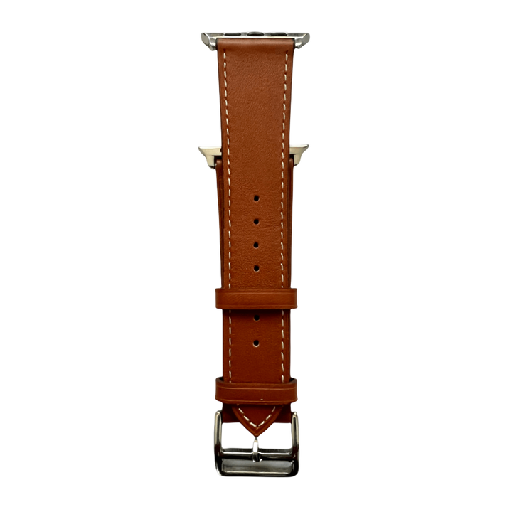 Brown leather Apple Watch strap showing connector and stitching | Hedonist Chicago