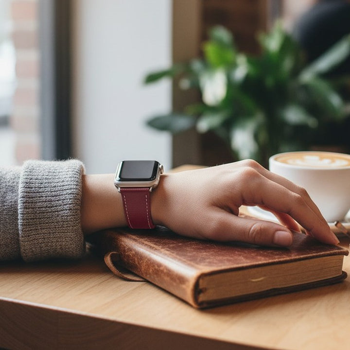 Hand with an Apple watch on a wooden surface next to a book and a cup of coffee.