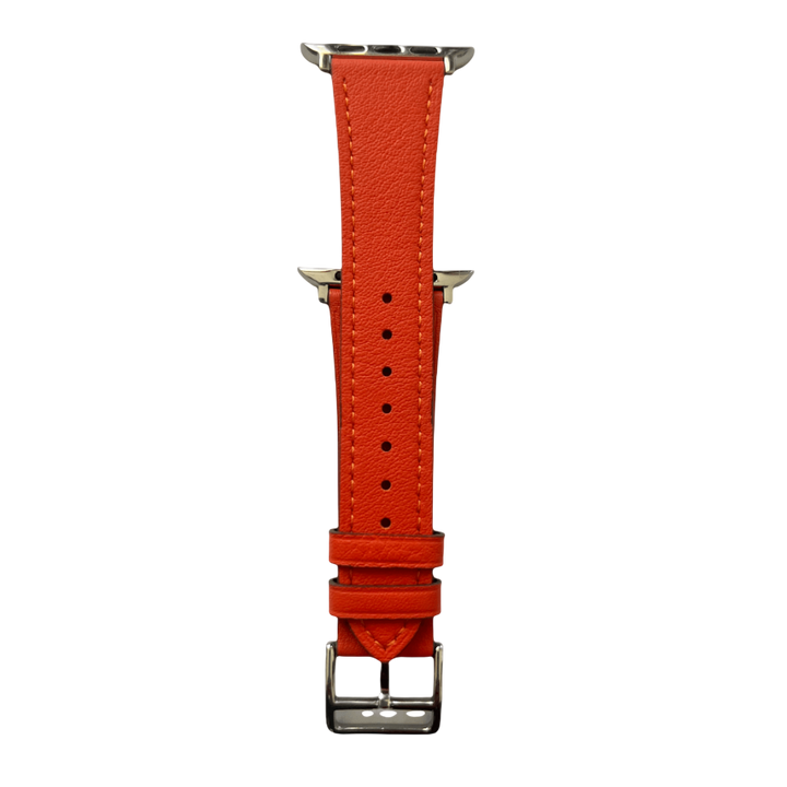 Cold orange leather Apple Watch strap showing connector and stitching | Hedonist Chicago