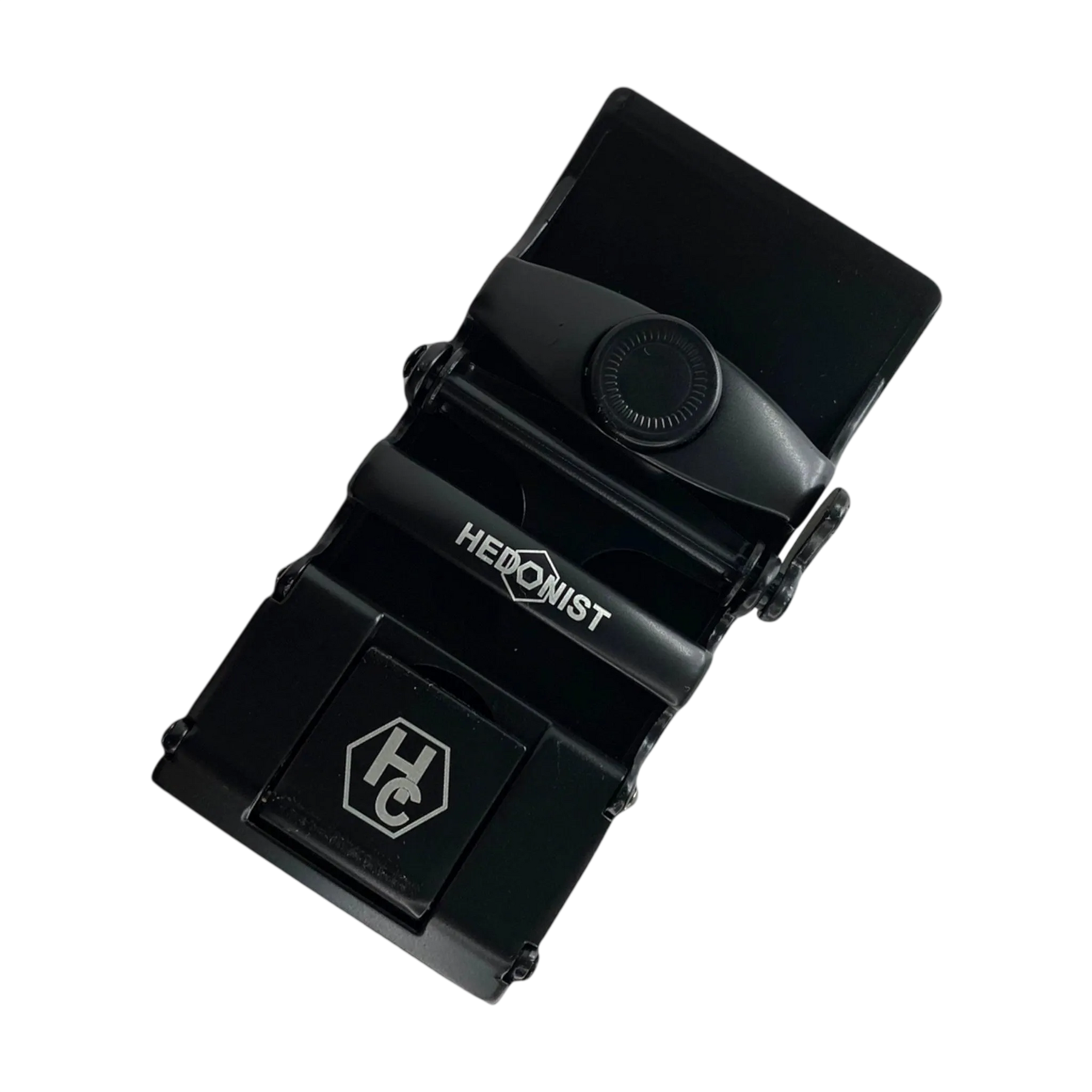 Curved black ratchet buckle 1.38 inch side profile view | Hedonist Chicago