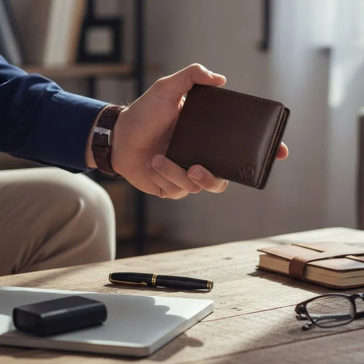 Person holding a brown leather wallet on a wooden desk with a pen, notebook, and glasses.