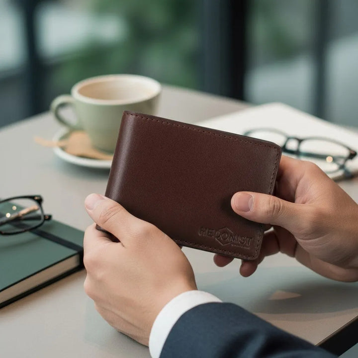 Brown leather wallet held by a person with a blurred background of a table with a cup and glasses.