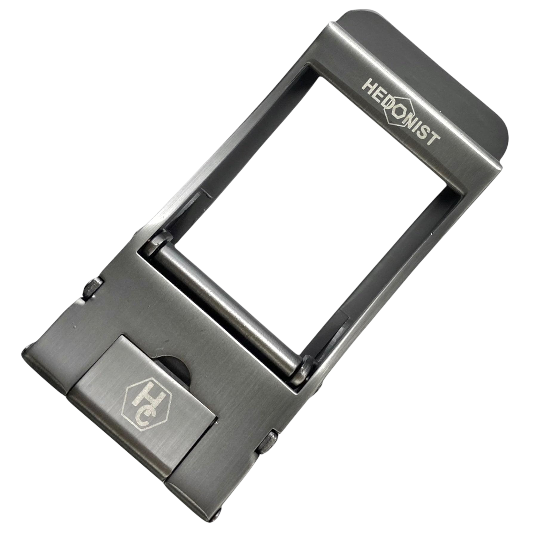 Frame washed metallic ratchet buckle 1.38 inch back locking detail | Hedonist Chicago