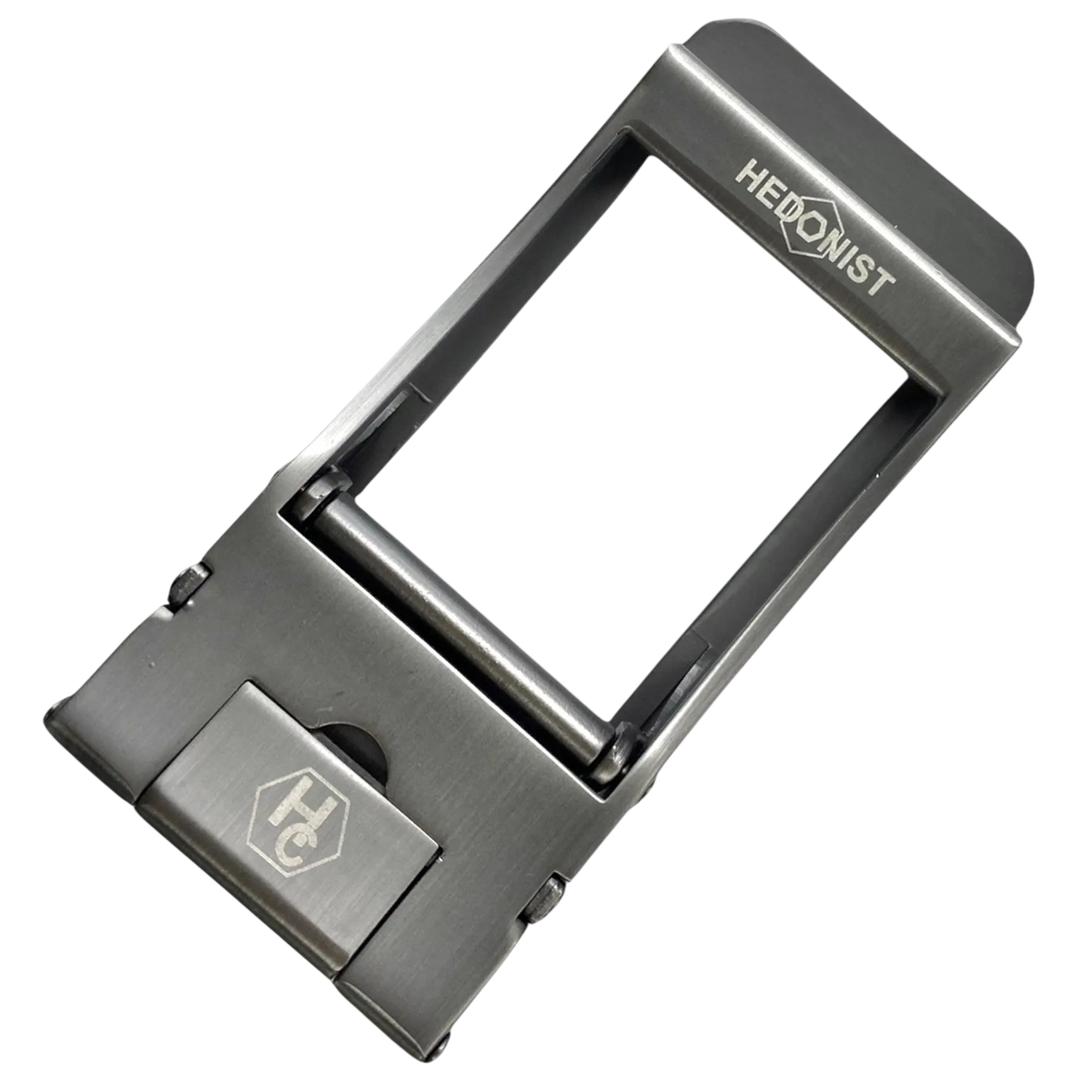 Frame washed metallic ratchet buckle 1.38 inch back locking detail | Hedonist Chicago