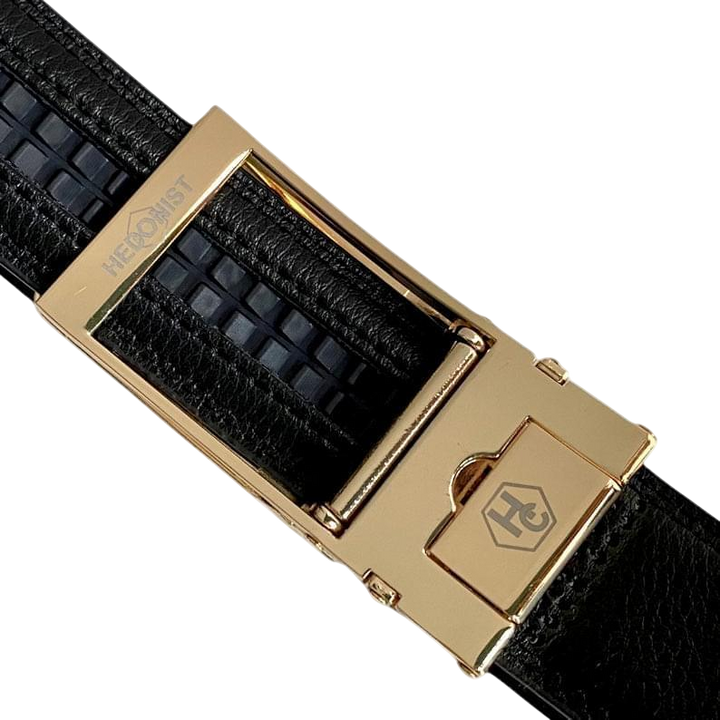 Gold Automatic belt buckle 1.15" , hardware close-up, for ratchet leather belts by Hedonist Chicago