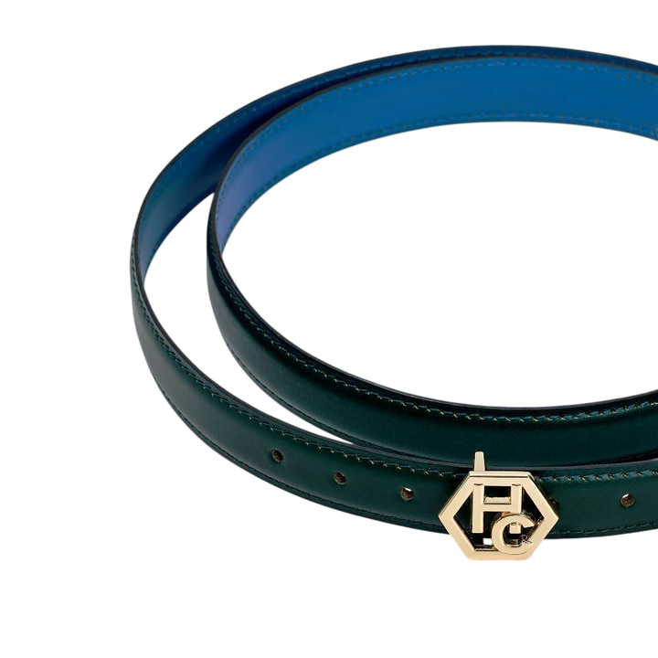 Buckle close-up on women's reversible design leather belt - deep sea green - Hedonist Chicago