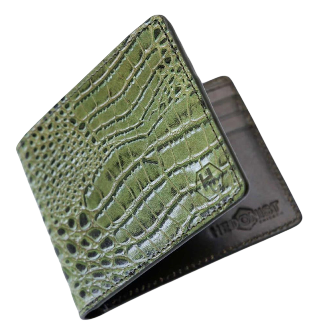 Green Bifold Men's Wallet in Croc-Embossed Leather from Hedonist Chicago