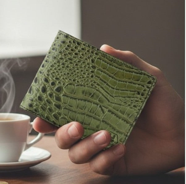 Hand holding a green textured wallet with a blurred background of a cup and saucer.