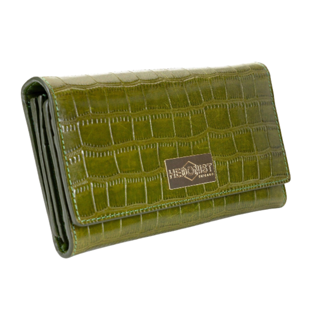 Trifold Women's Green Leather Wallet with Croc by Hedonist Chicago Main View
