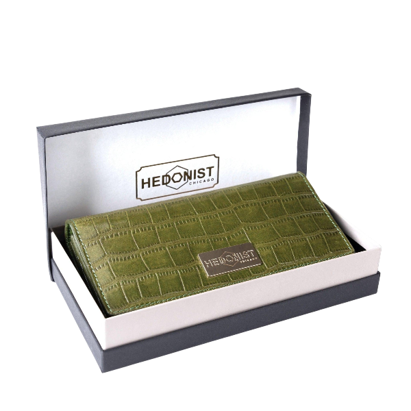 Trifold Women's Green Leather Wallet with Croc by Hedonist Chicago gift box
