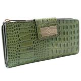 Front view of women’s green croc-embossed leather long travel wallet with secure zip-around closure