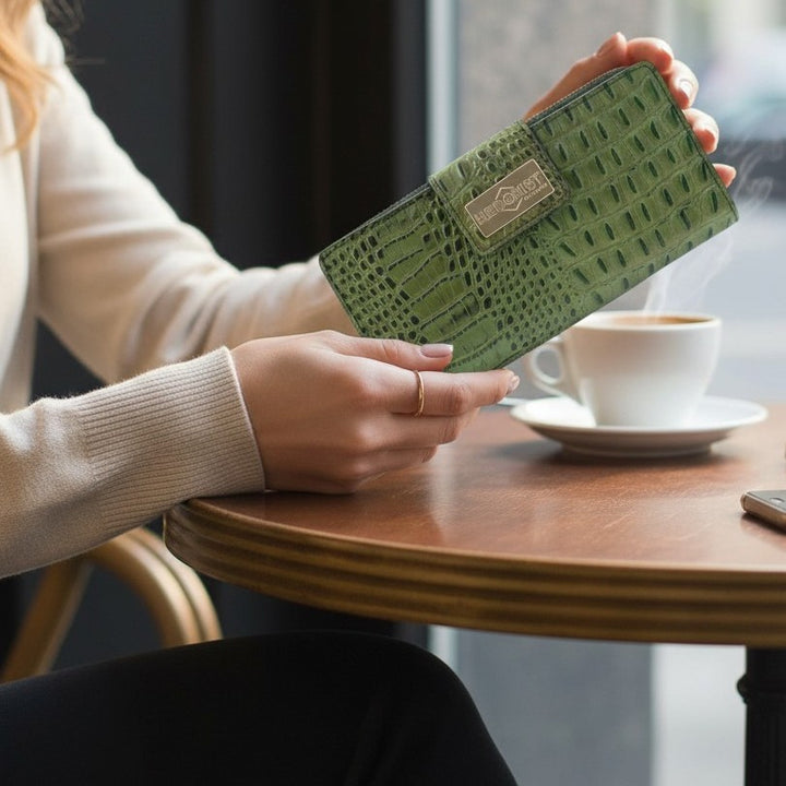 Woman holding the green croco-embossed leather travel wallet with coffee on a table