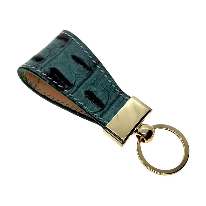Hedonist Chicago grey key chain in grey, slim profile, full grain leather, angled view