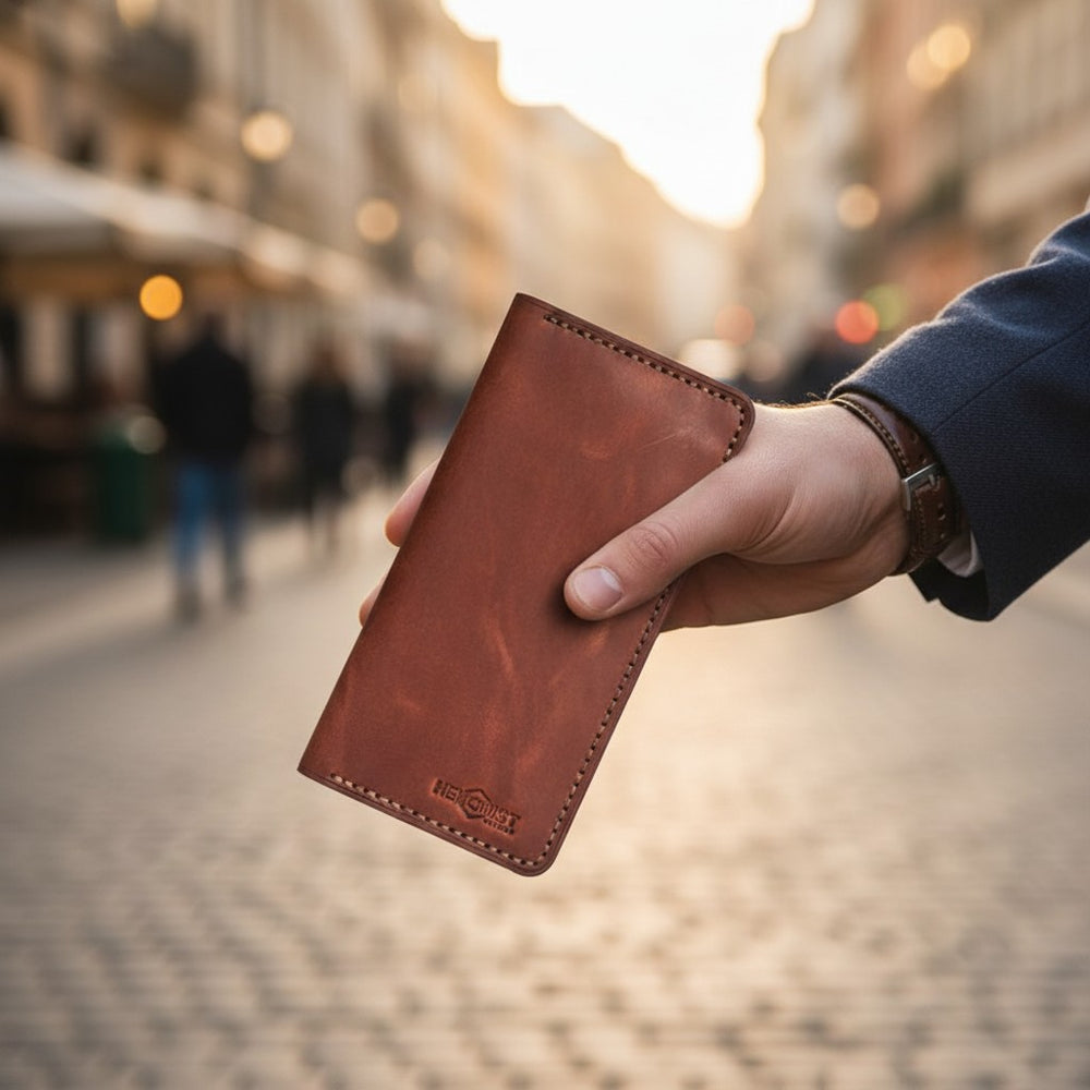 A hand holding a brown lhandmade eather card holder wallet with visible stitching and an embossed logo near the bottom,.