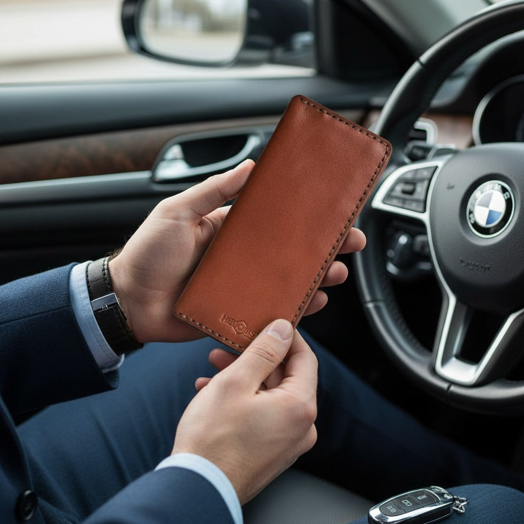 A man in a navy suit holding a brown handmade leather card holder wallet inside a car.
