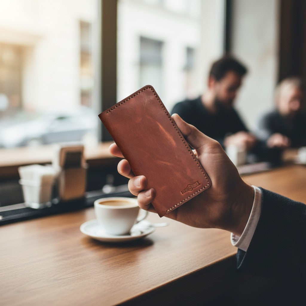 A hand holding a brown leather card holder wallet in a cafe setting.