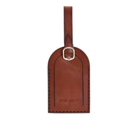 Hedonist Chicago light mahogany luggage tag in light mahogany, with strap, full grain leather, product view