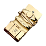 Plate black and gold ratchet buckle 1.38 inch back locking detail | Hedonist Chicago