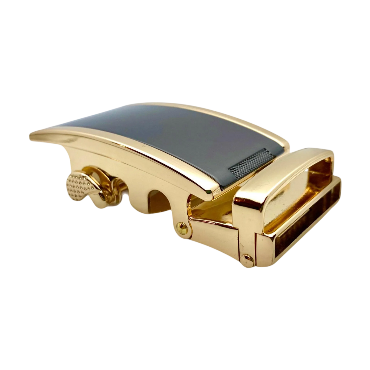Plate black and gold ratchet buckle 1.38 inch side profile view | Hedonist Chicago