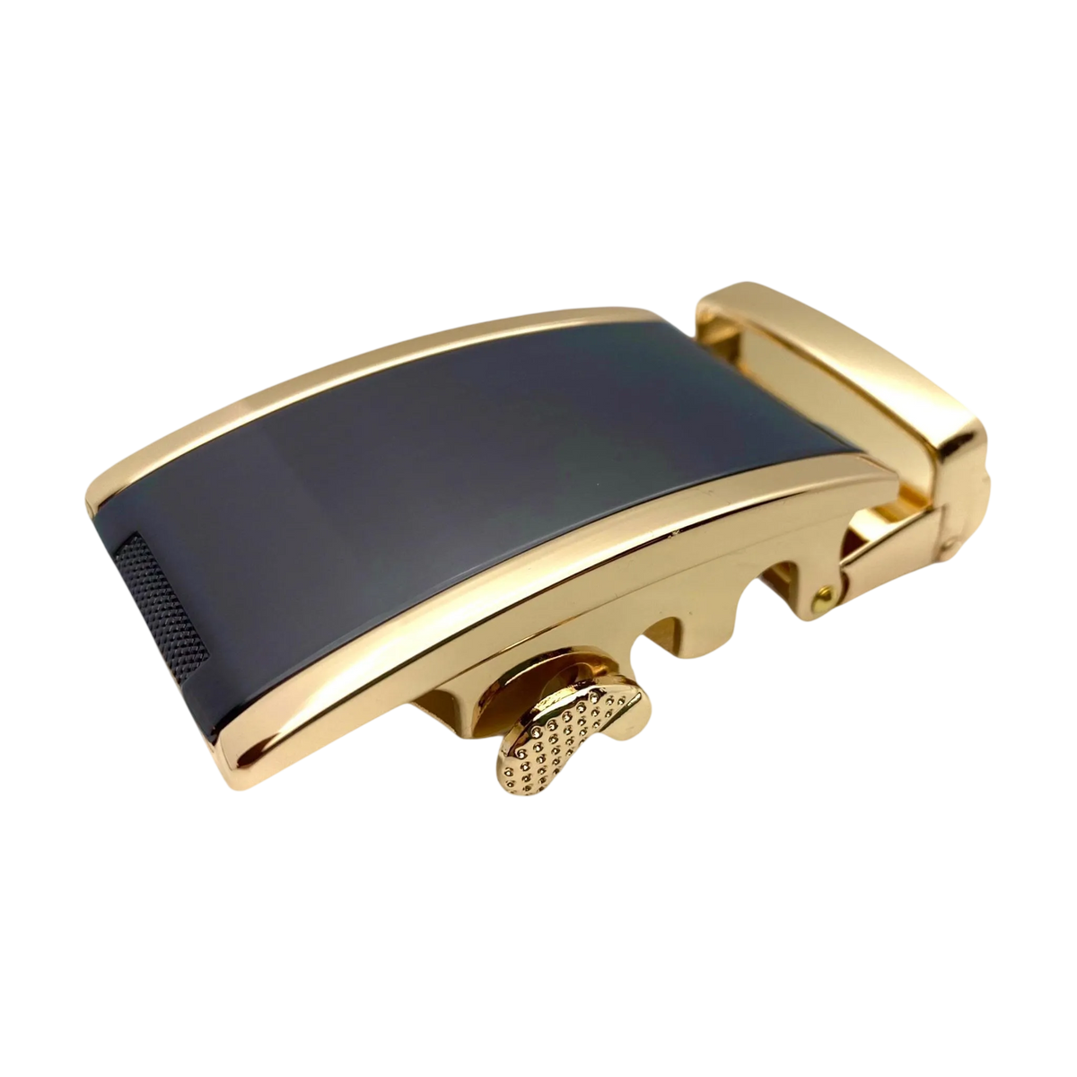 Plate black and gold ratchet buckle 1.38 inch texture closeup view | Hedonist Chicago