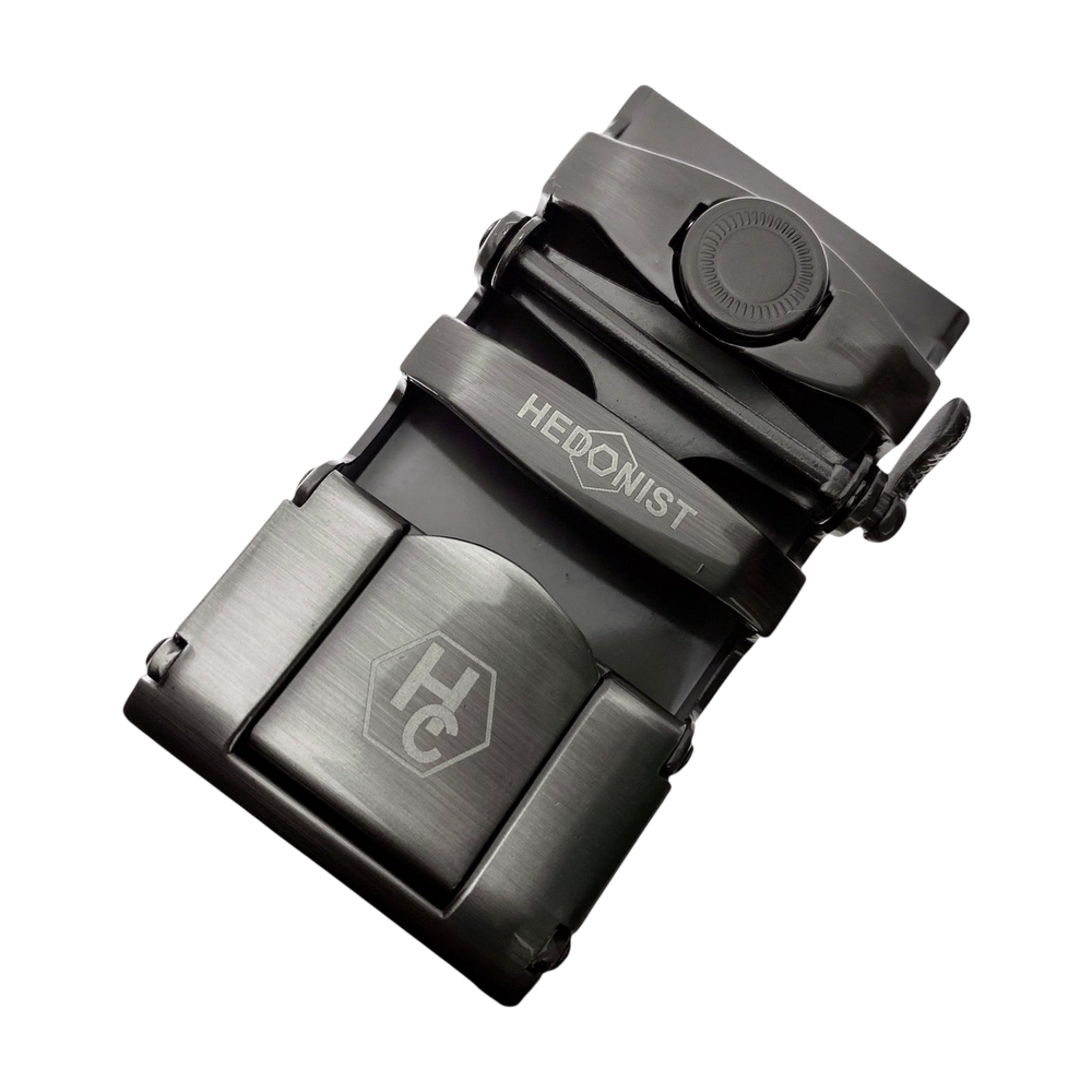 Plate metallic ratchet buckle 1.38 inch back locking detail | Hedonist Chicago