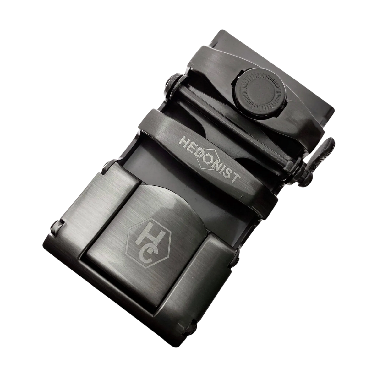 Plate metallic ratchet buckle 1.38 inch back locking detail | Hedonist Chicago