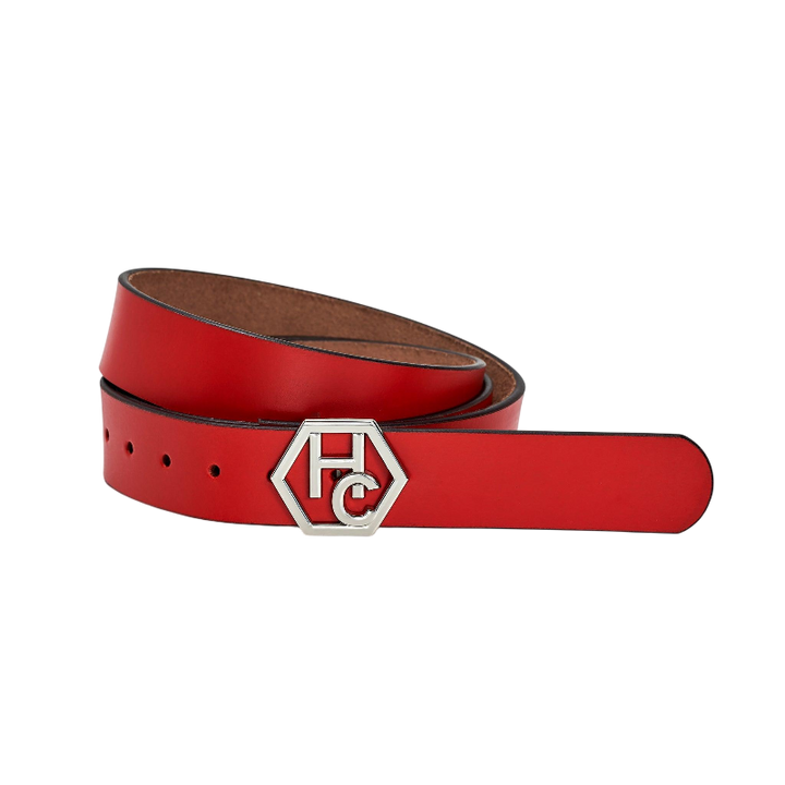 Side view on women's seamless edge leather belt - red - Hedonist Chicago - close-up view